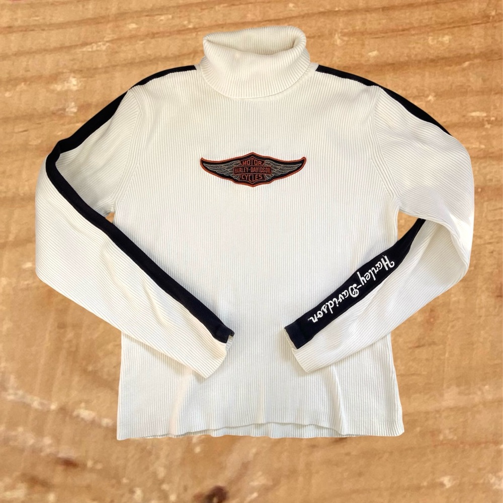 Harley Davidson Y2K White Black Ribbed Embroidered Logo Novelty Turtleneck (XL)